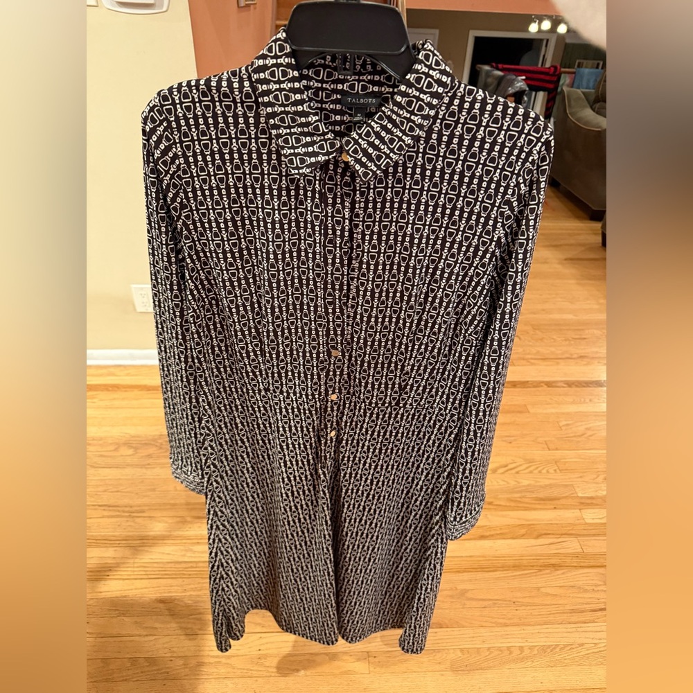 Talbots Brown & Cream Geometric Print Button Front Shirt Dress Size M